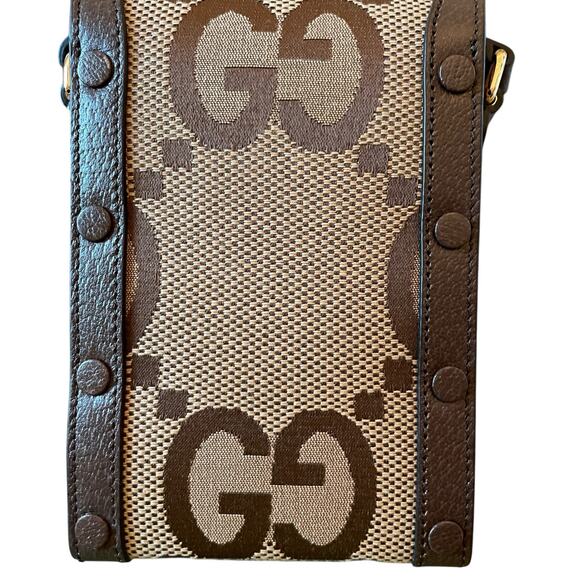 GUCCI Jumbo GG Mini Messenger Phone Bag in Logo Canvas Camel Ebony New - Picture 16 of 16